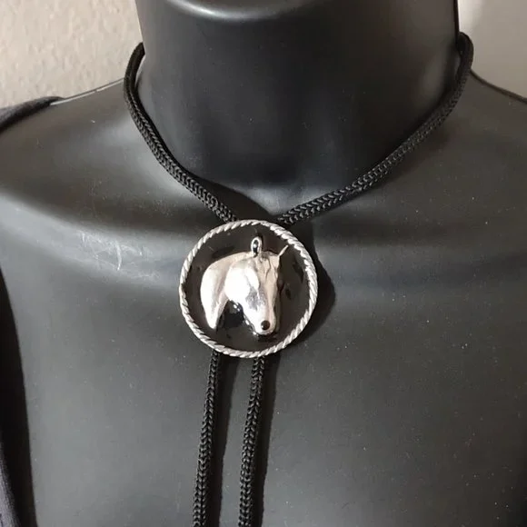 Black And Silver Tone Horse Head Bolo Tie - Picture 4 of 11